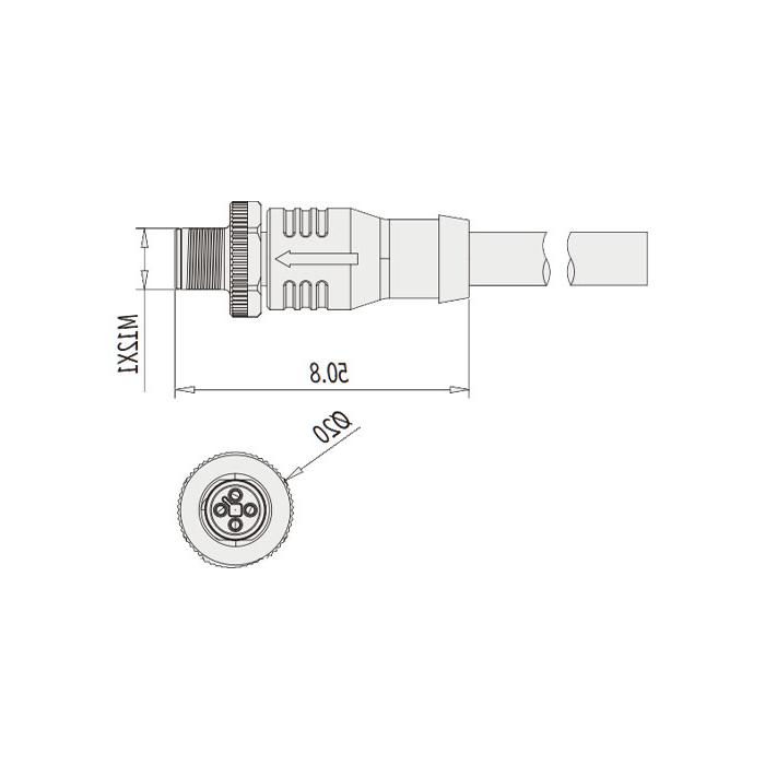 M12 4Pin T-coded、公头直型、单端预铸PVC非柔性电缆、灰色护套、64TP21-XXX